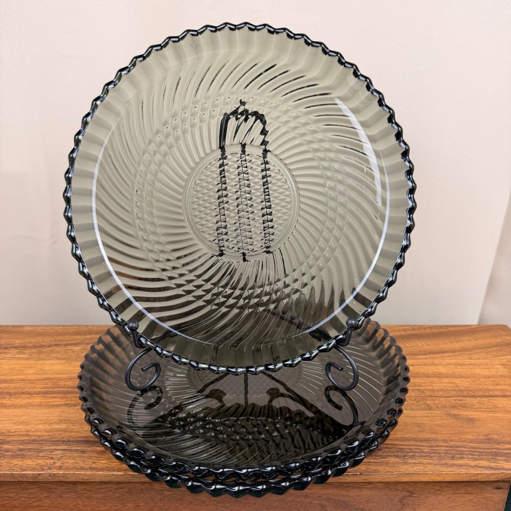 Libbey Black Swirl Glass Dinner Plates Smoke Gray Scalloped Rim Set of 3